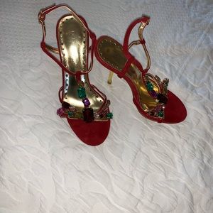 BCBG Red suede heels with jewels